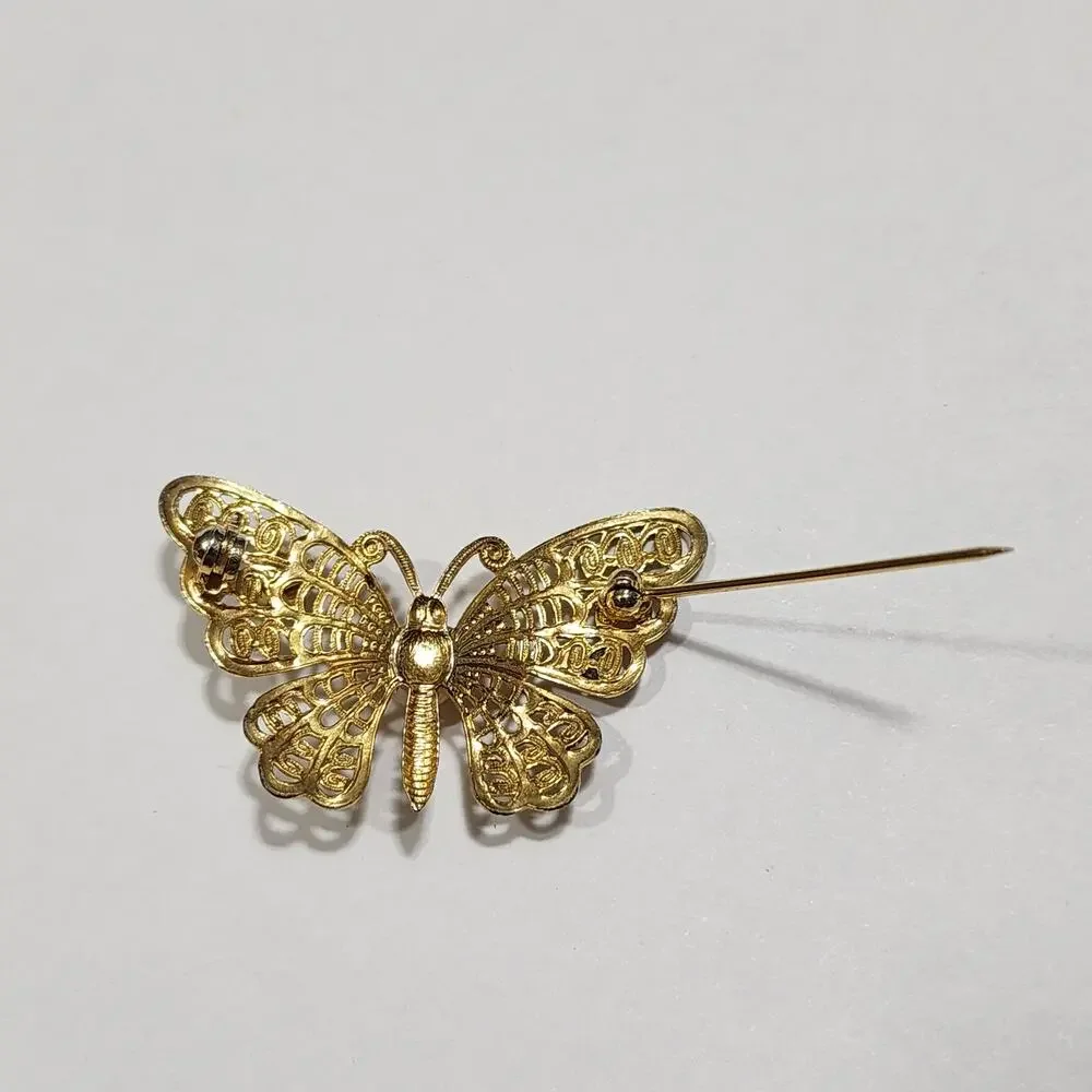 Butterfly Brooch Pin Faux Pearls Openwork Filigree Wings Gold Tone Vintage 1990s